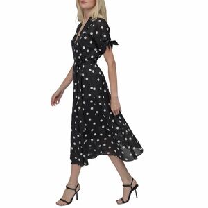 ✨ DKNY Black & White Polka Dot Midi Dress Tie Waist Fit&Flare 10 Retro Inspired